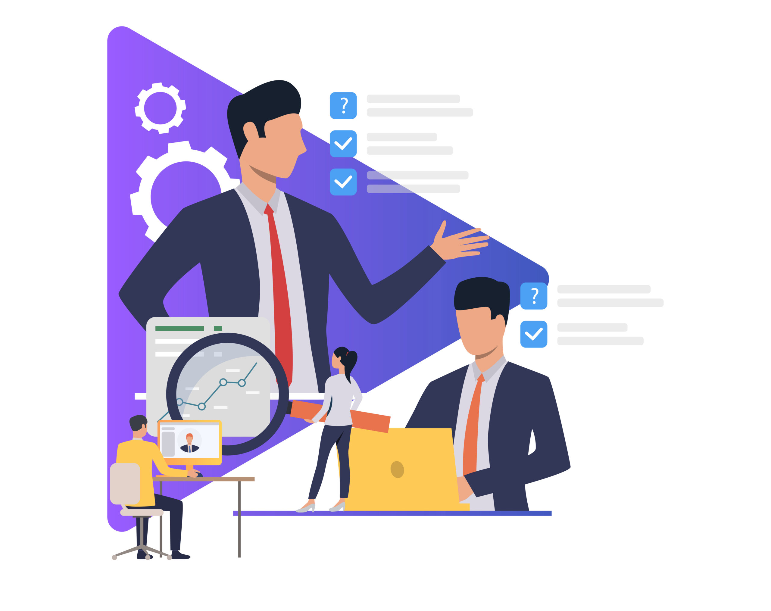 Business people working and giving tasks Business people working and giving tasks. Boss, manager, modern technology, office, sample text. Business concept. Vector illustration for poster, presentation, new project