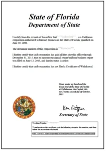 Sample Florida Certificate of Status document